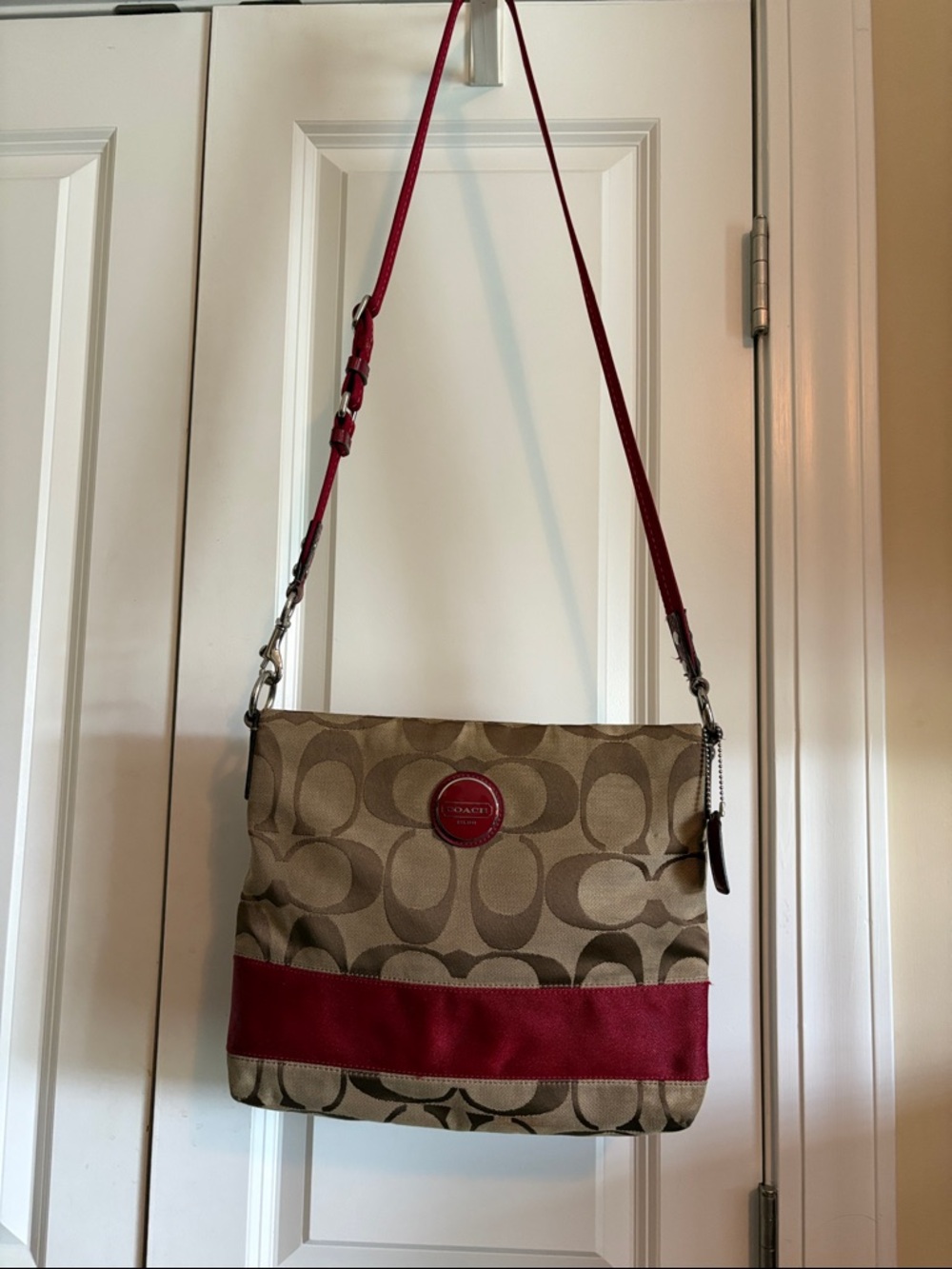 Coach Khaki Signature Canvas Crossbody with Red Trim